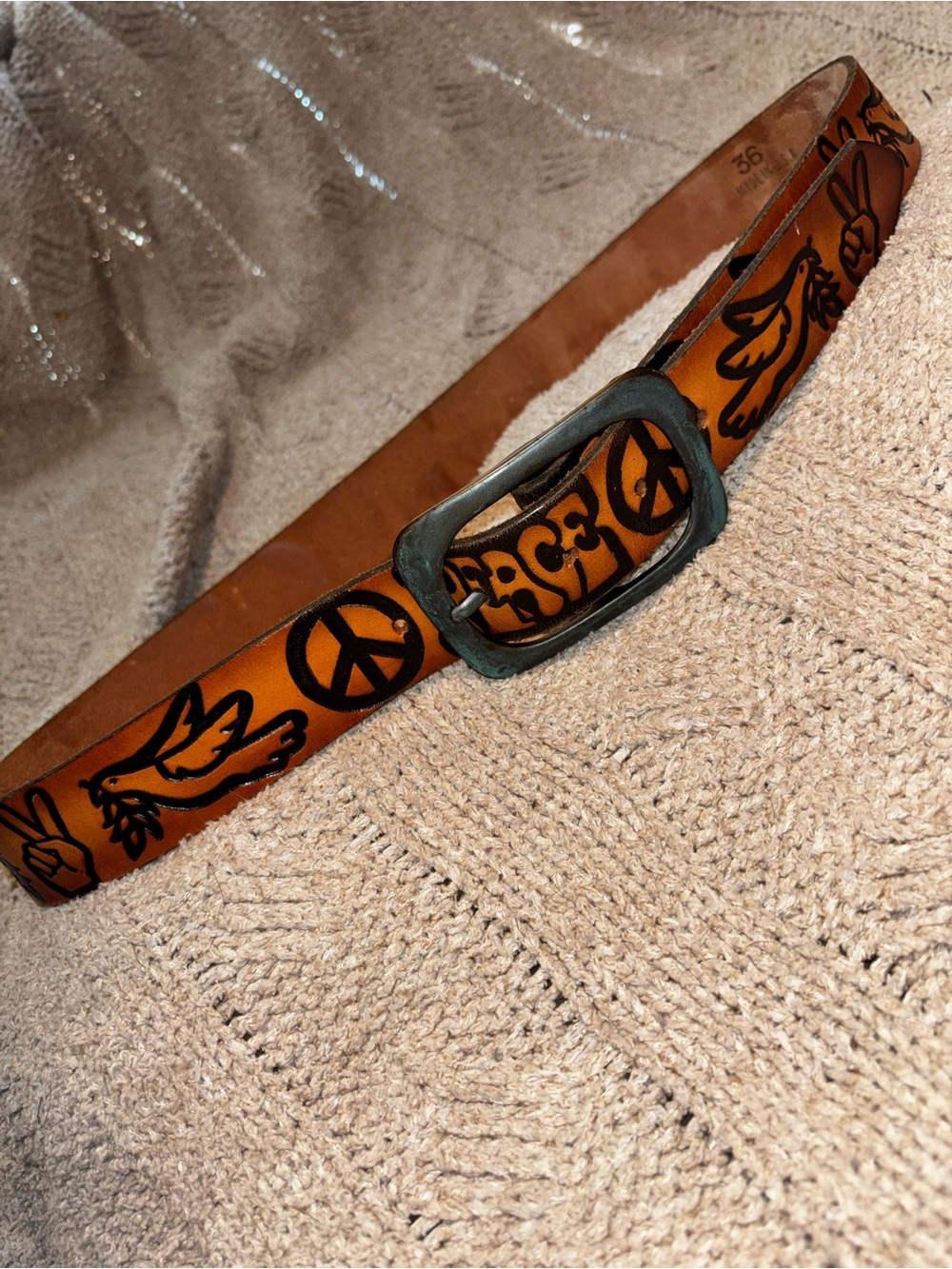 Vintage Hippie Peace Sign Hand Tooled Leather Belt Sz 36 Buckle with Patina - Picture 4 of 7